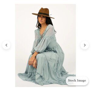 Joyfolie Eileen Dress Sea Mist Tiered Maxi With Lace-Up Front & Sheer Sleeves M